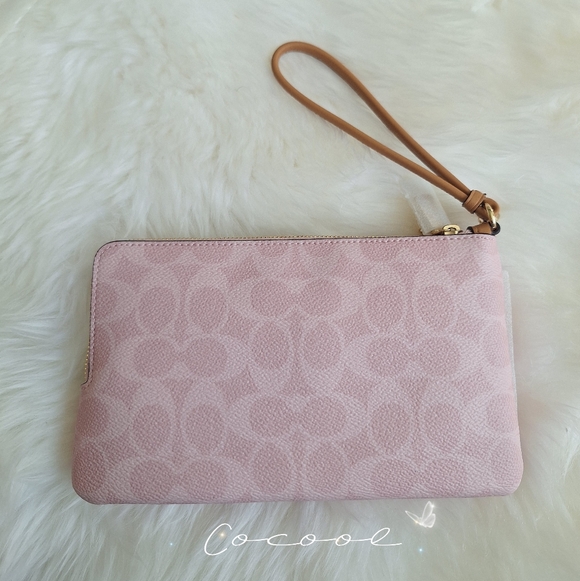 NWT Coach Double Zip Wristlet In Signature Canvas With Floral Charms Powder Pink - Picture 3 of 11